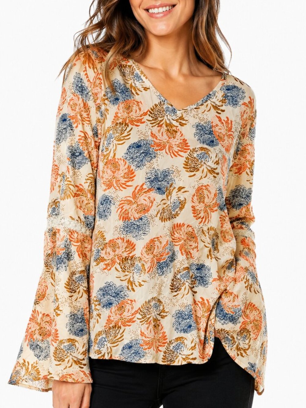 Bobeau Floral Boho Tunic Top Beige Chrysanthemum Kimono Sleeve M NEW